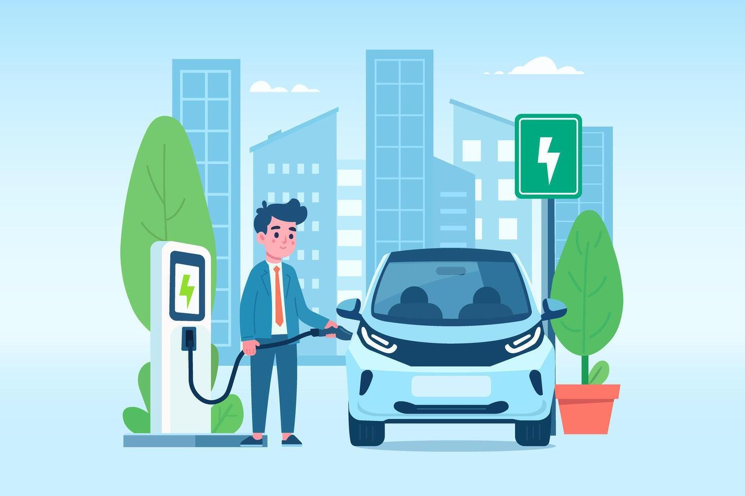 Man charging his electric car at charging station and city background. Electric transportation and eco-friendly vehicle concept. Vector illustration