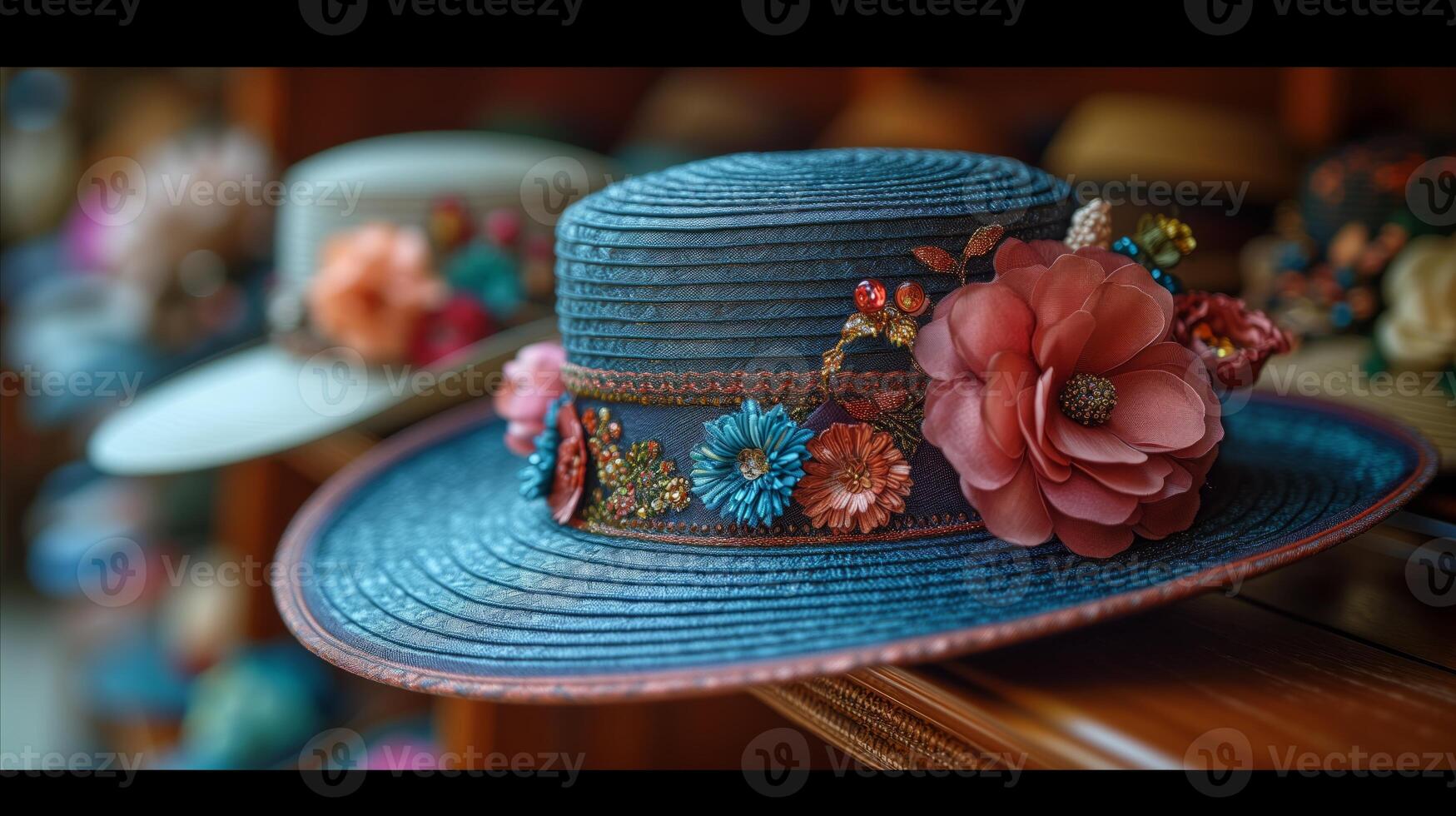 AI generated Elegant decorated ladies hat with floral embellishments in a hat shop photo