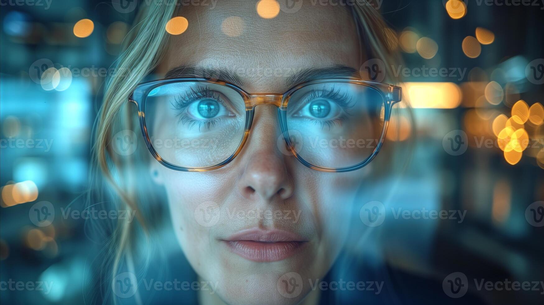 AI generated Close-up portrait of young woman with glasses against bokeh lights photo