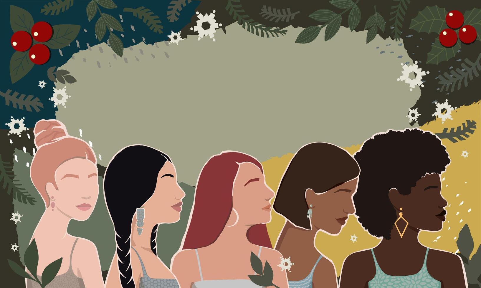 Women of different races together on an abstract winter background with Christmas elements. modern vector flat illustrations. isolated in layers. movement for the empowerment of women.