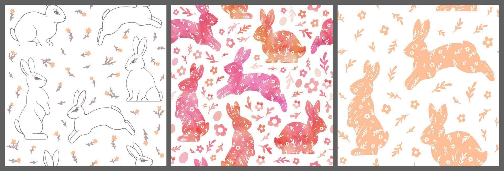 Happy Easter Set of seamless patterns with bunnies, flowers, and eggs. Delicate watercolor illustration. vector