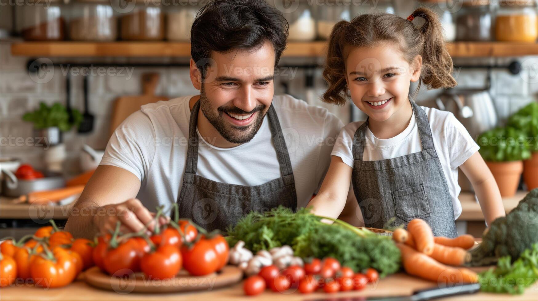 AI generated Man and Girl Standing in Front of Vegetable-Filled Table photo