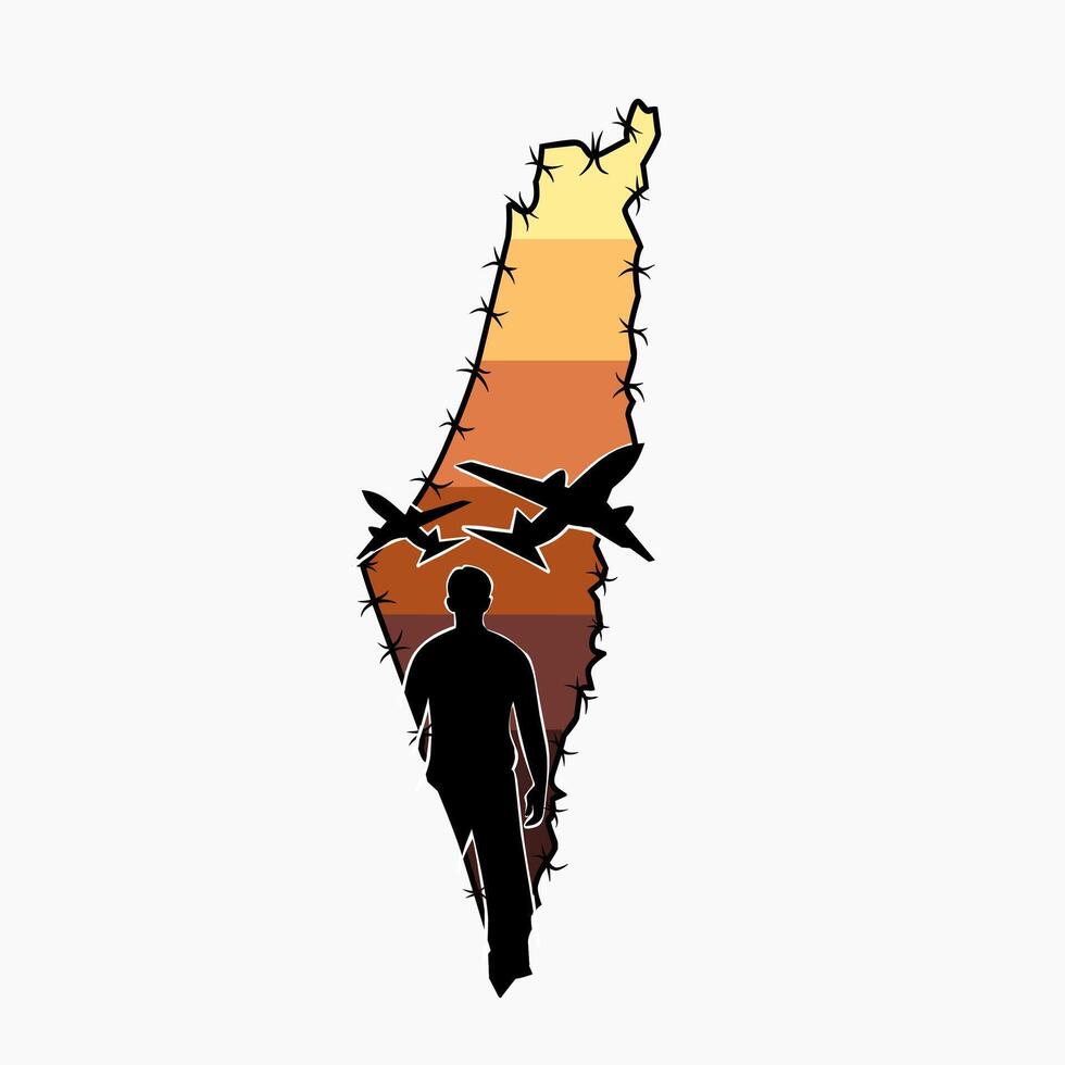 vector of standing man in palestine conflict with sunset view, free palestine campaign