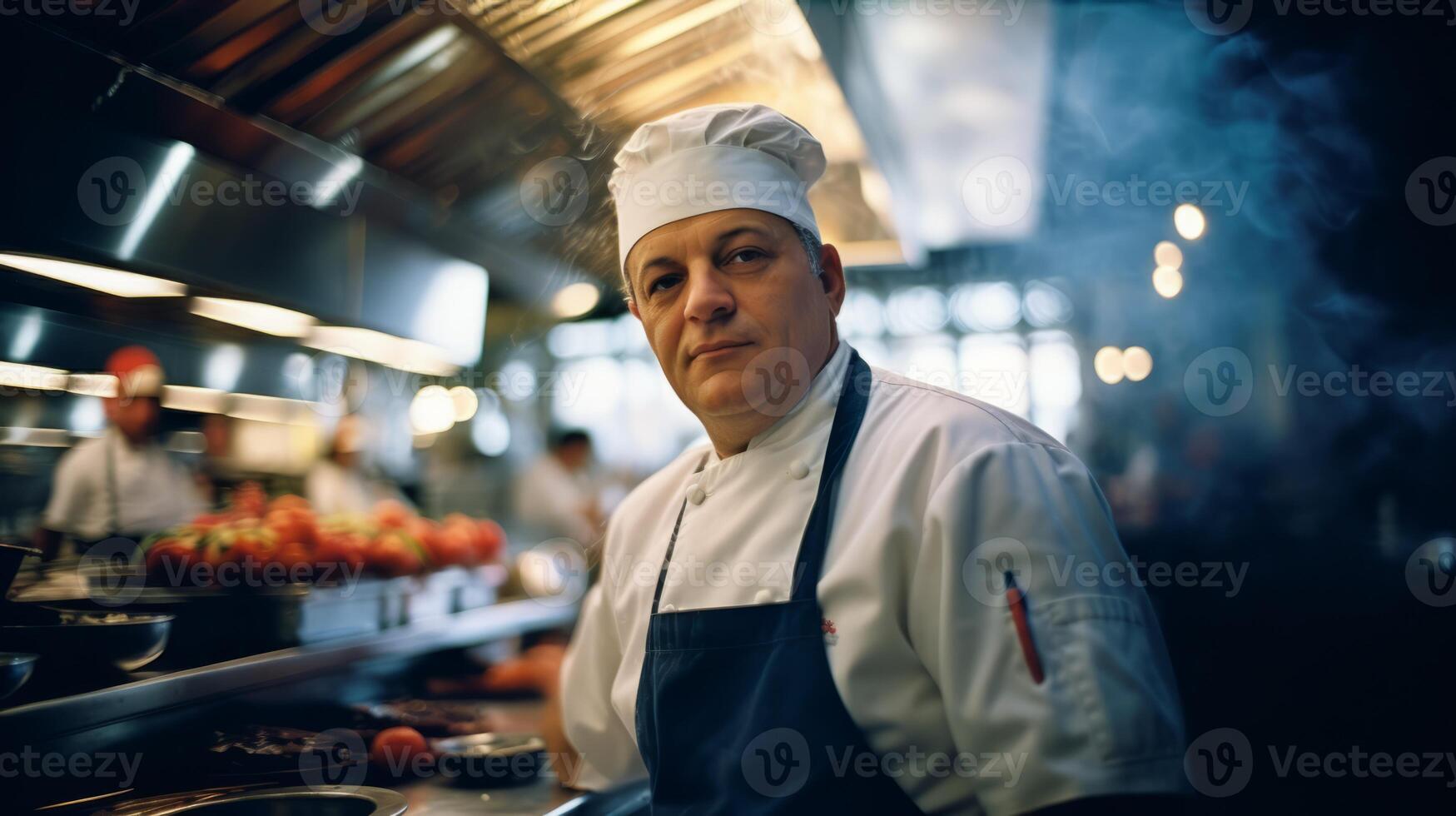 ai generado hombre en cocineros sombrero en pie en cocina foto