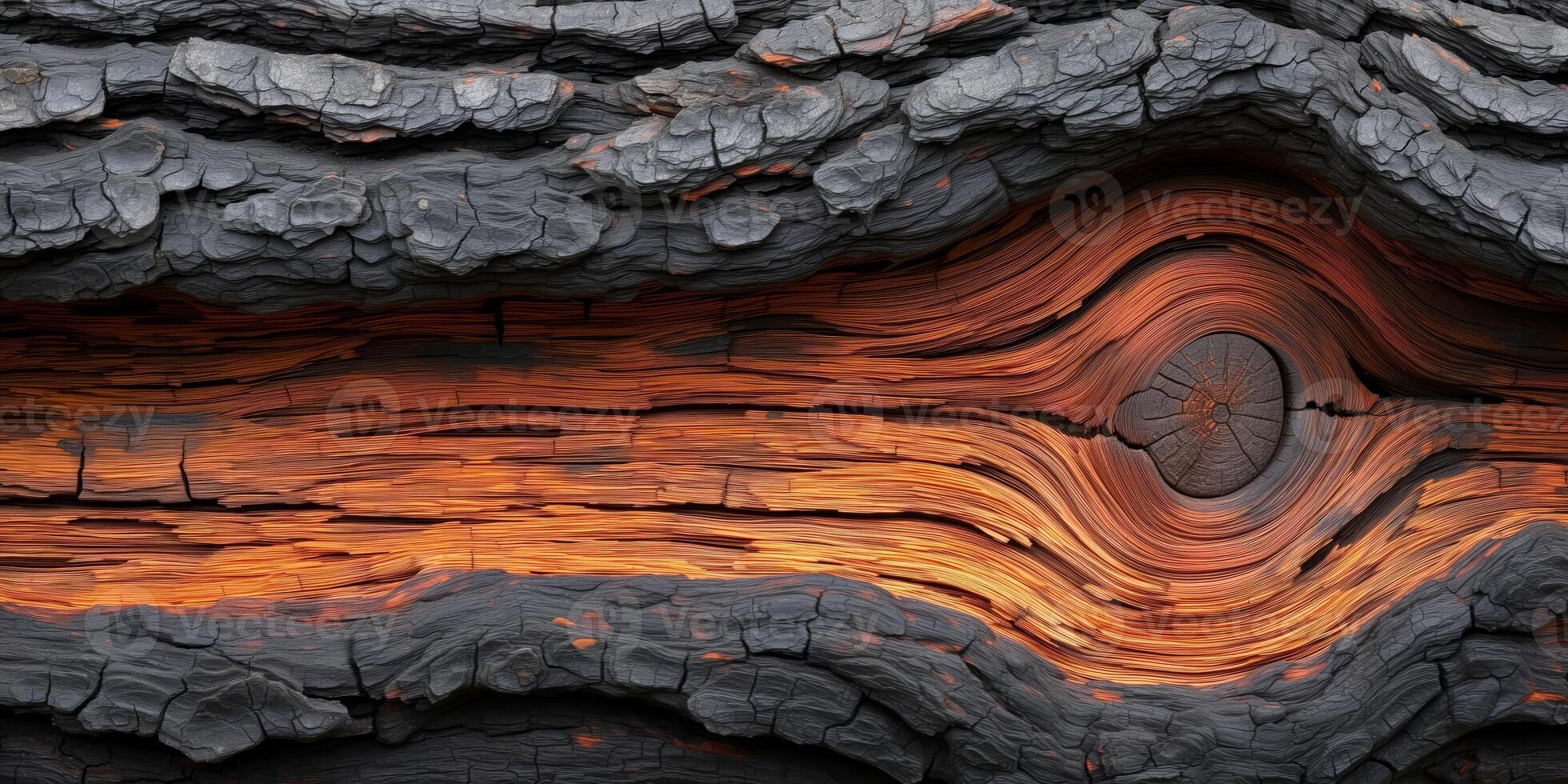 AI generated Natural wood texture with warm glowing patterns and charred edges photo