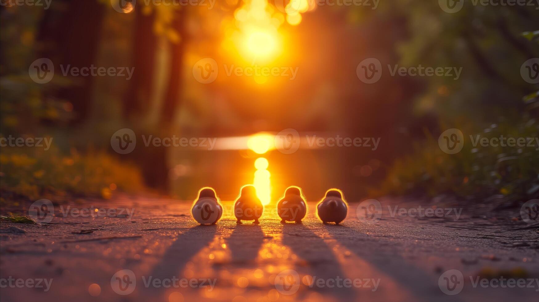 AI generated Golden sunset on a path with four birds lined up in harmony photo