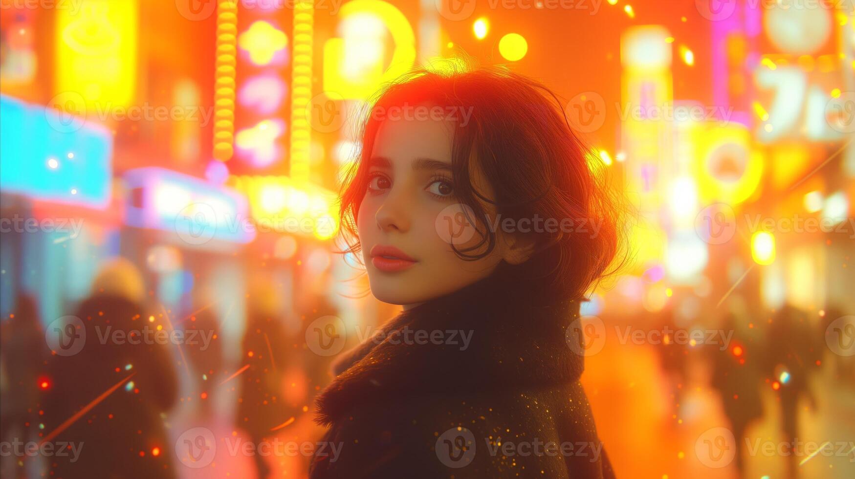 AI generated Elegant woman in city at night with vibrant neon lights sparkling photo