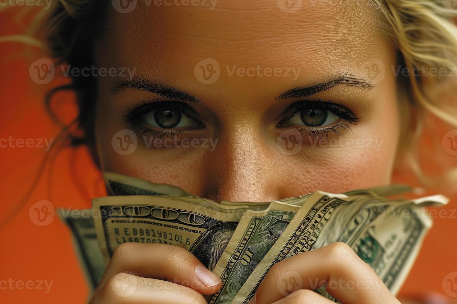 AI generated Woman Covering Her Mouth With Bundle of Money photo