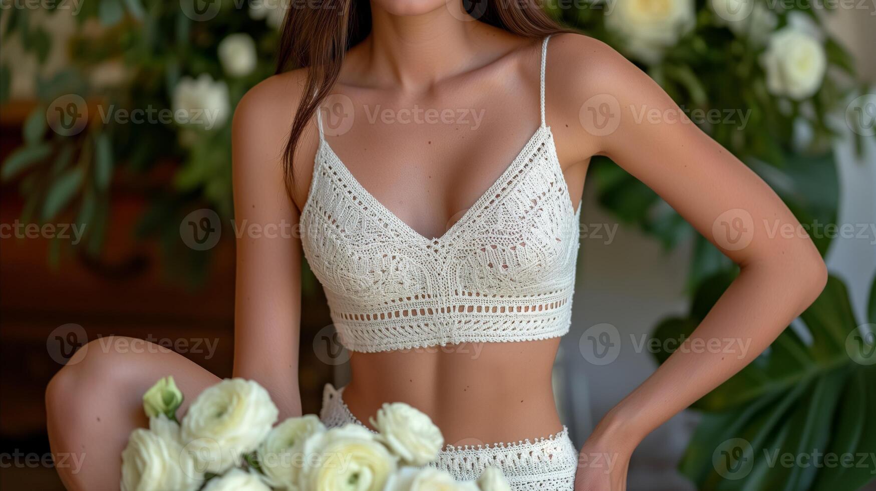 AI generated Beautiful Woman Holding Bouquet of Flowers in White Bra Top photo