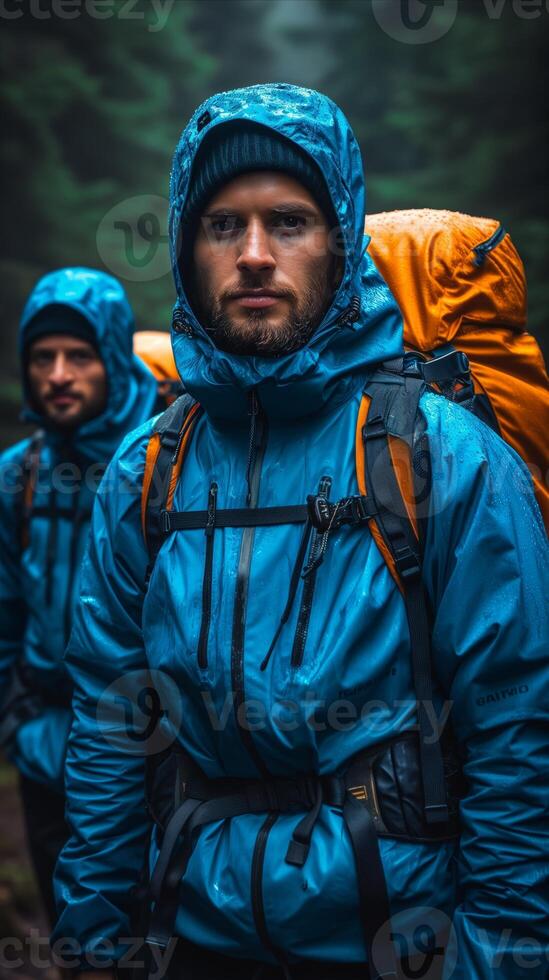AI generated Group of Men With Backpacks Walking Through Woods photo