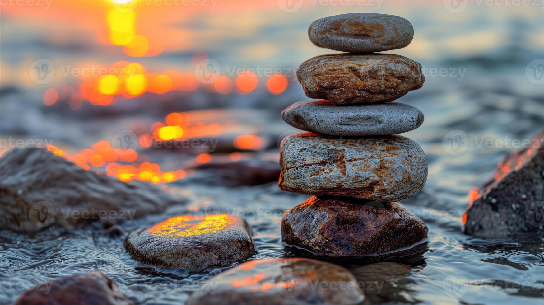 AI generated Zen stones balanced in tranquil sunset beach setting photo