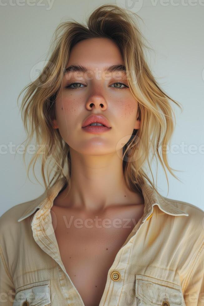 AI generated Blonde Woman in Button Up Shirt photo