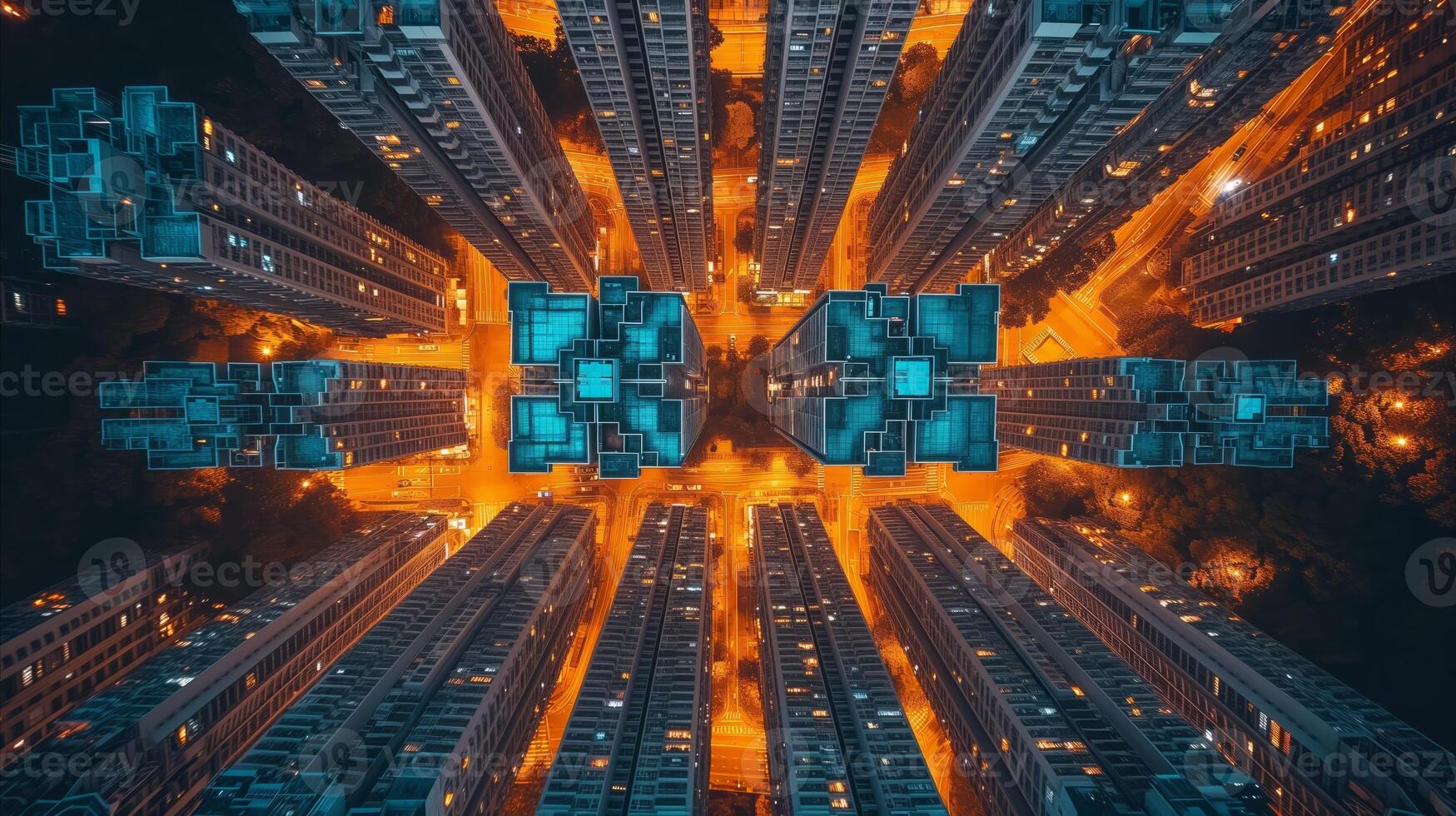 AI generated Futuristic cityscape at night with symmetrical building reflection photo