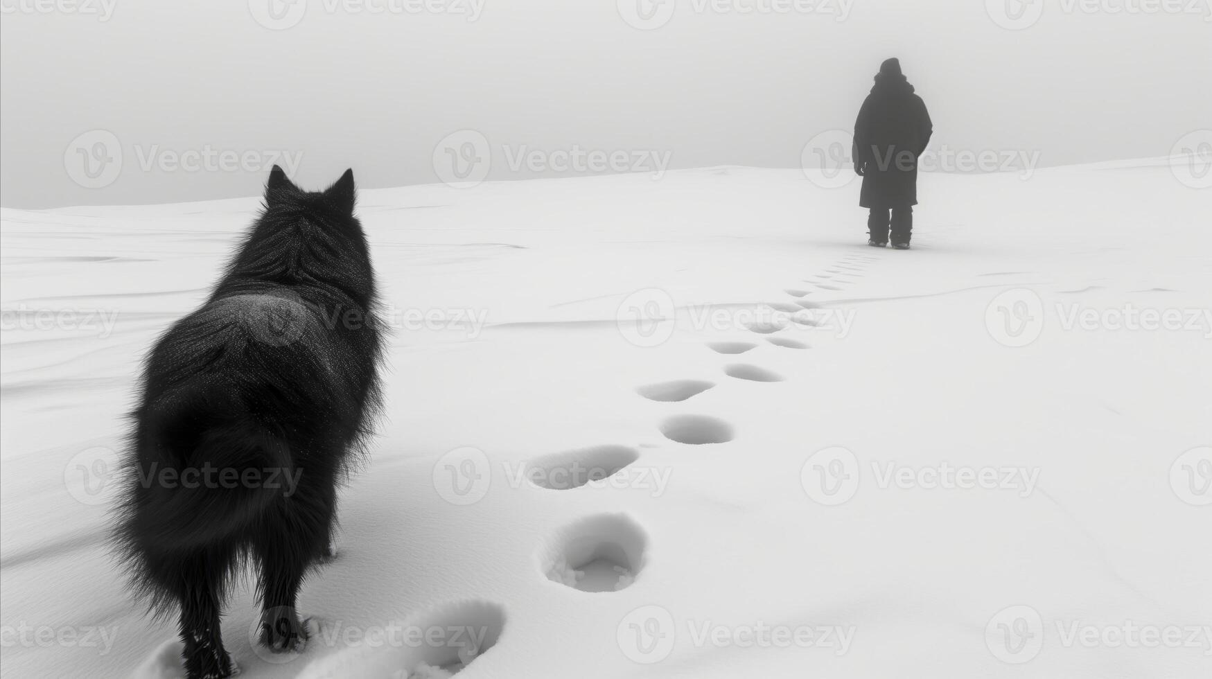 AI generated Person and dog walking in snowy landscape leaving footprints photo