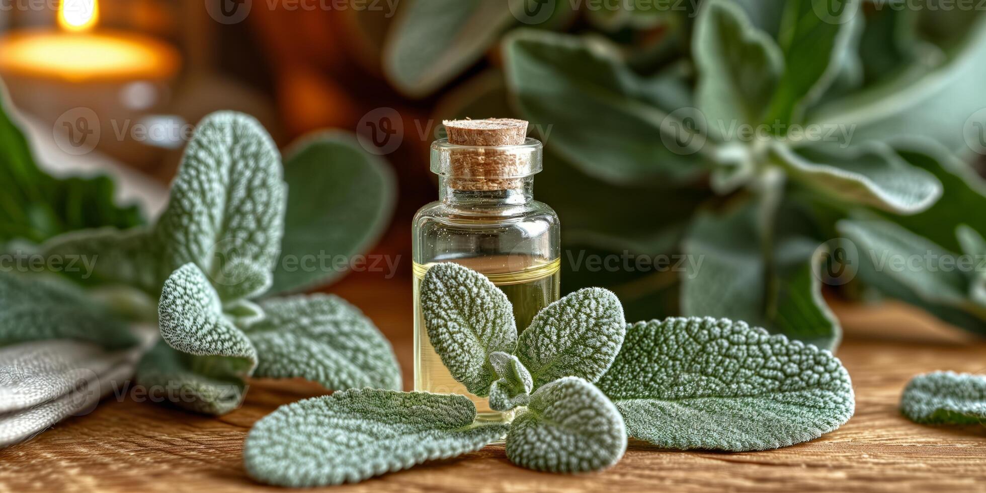 AI generated Organic sage essential oil in a glass bottle with fresh leaves photo