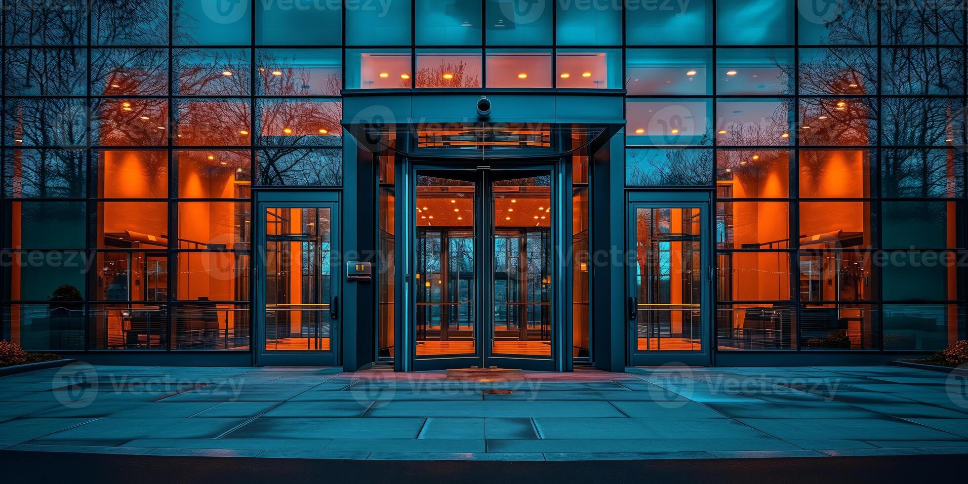 AI generated Modern corporate building entrance illuminated at twilight photo