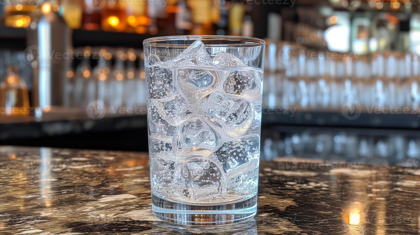 AI generated Refreshing glass of sparkling water with ice on bar counter photo