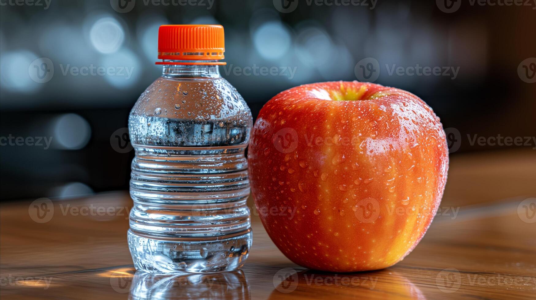 AI generated Fresh red apple and water bottle on wooden table for healthy lifestyle concept photo