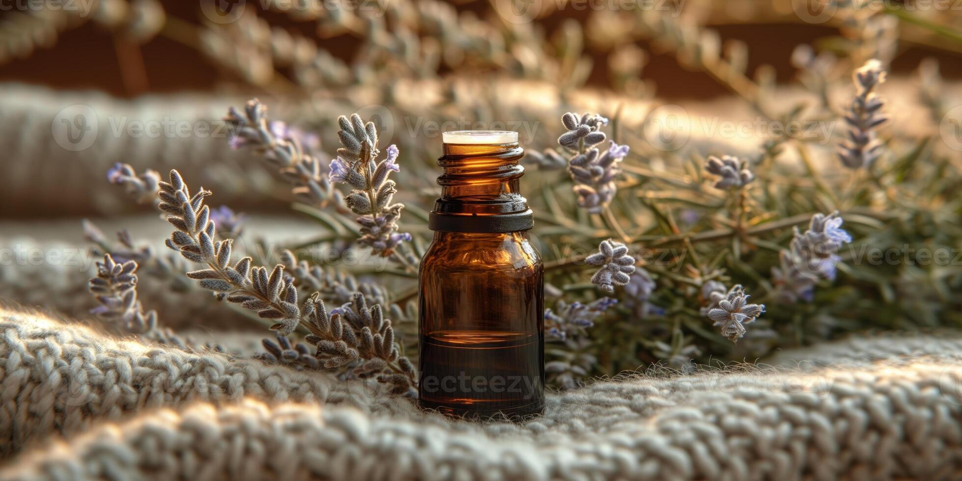 AI generated Essential oil bottle with lavender on knitted texture in warm light photo