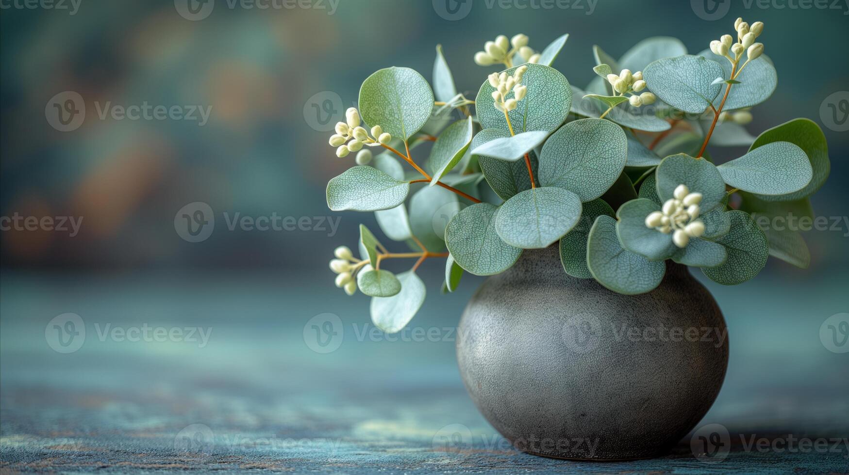 AI generated Elegant eucalyptus arrangement in a stylish ceramic vase on a rustic table photo