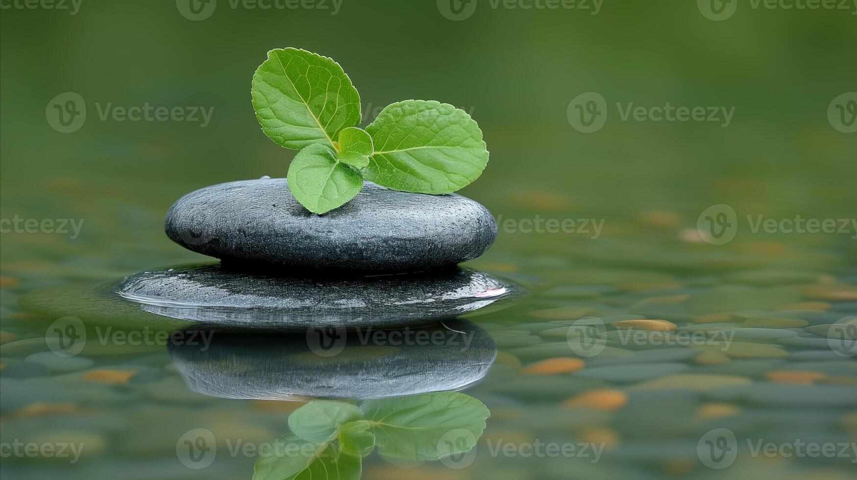 ai generado como zen balance. verde hojas en suave piedras con reflexivo agua antecedentes foto