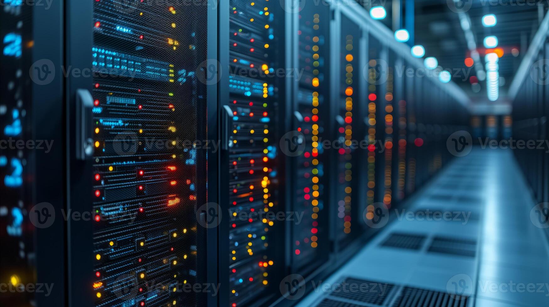AI generated Modern data center servers rack with led lights in a dark room photo