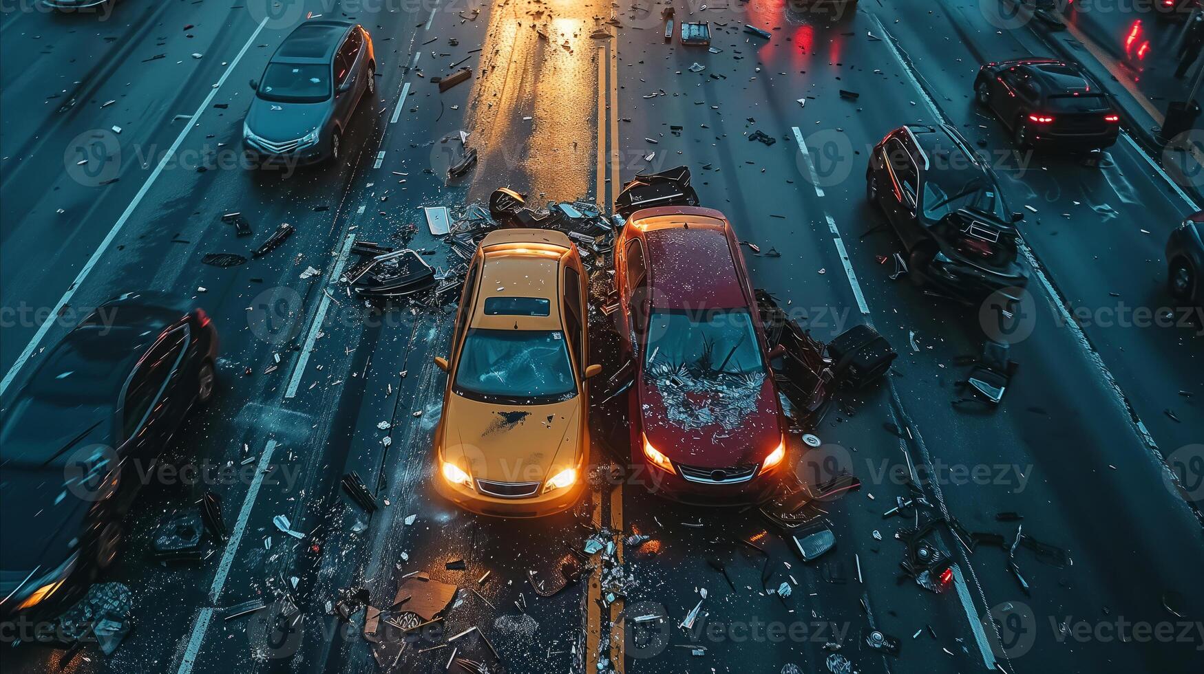 AI generated Photo of several crashed cars on the road in an urban environment.