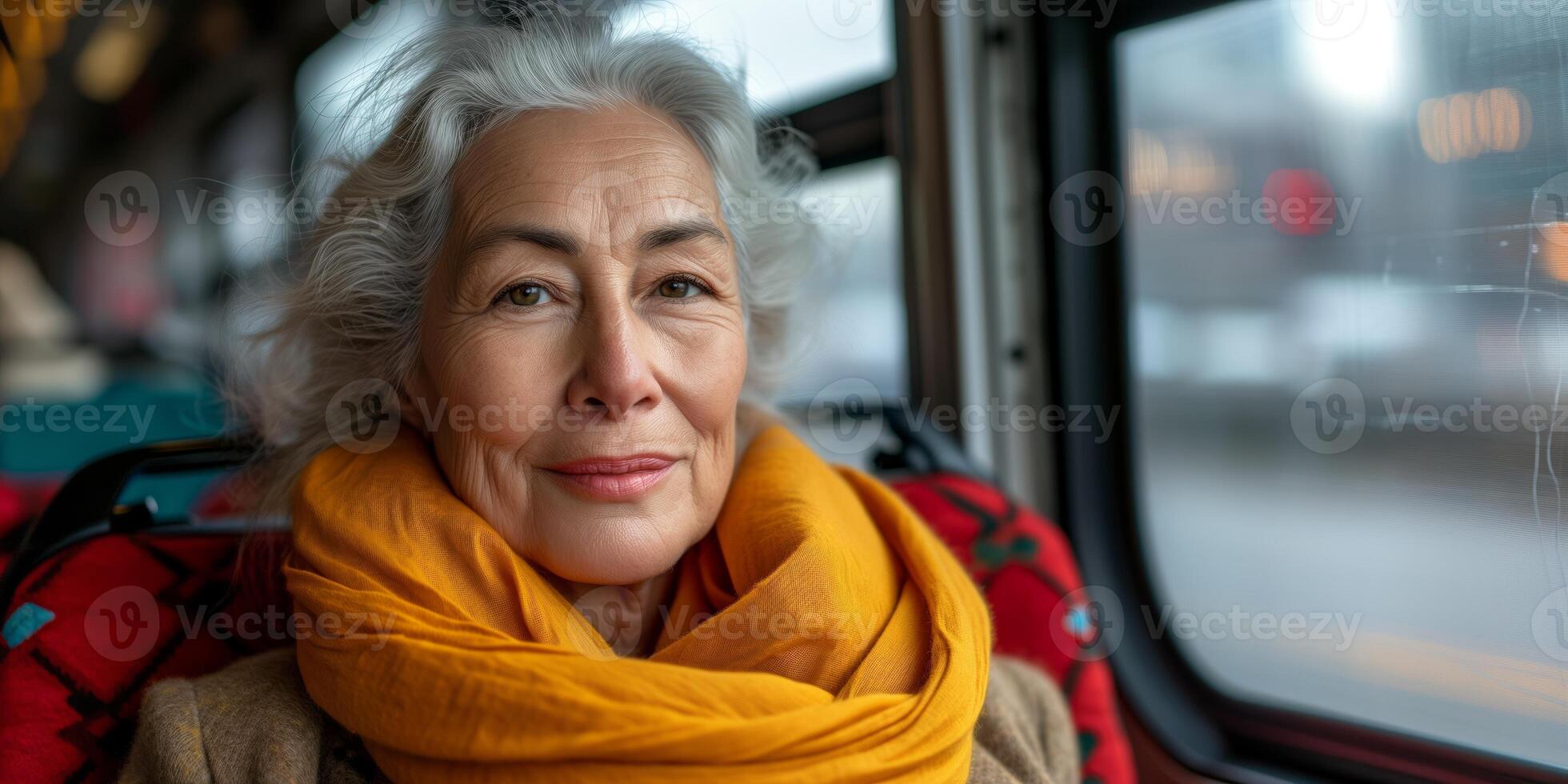 AI generated Older Woman Wearing Yellow Scarf on Bus photo