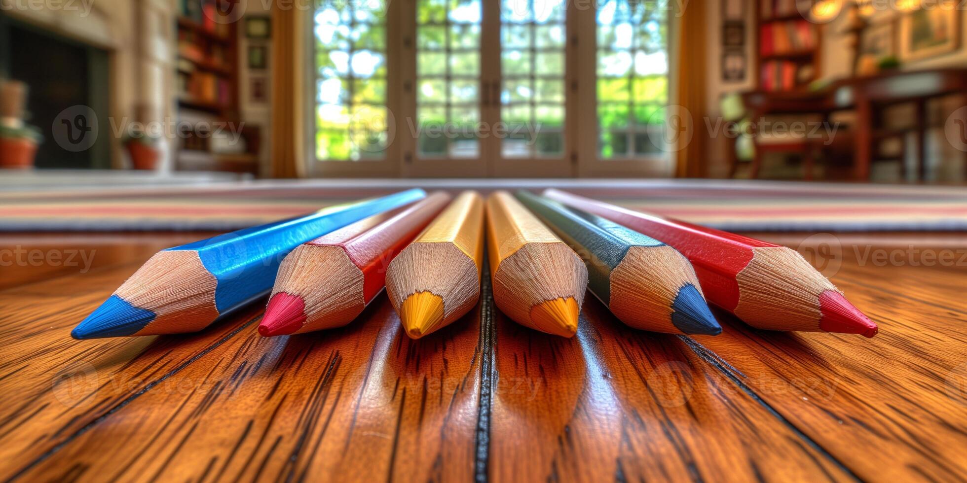 AI generated Colorful art pencils lined up on a wooden table with room background photo