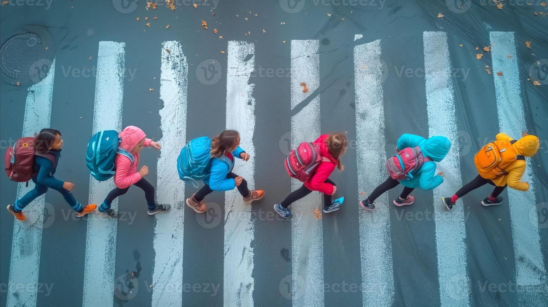 AI generated A group of students with backpacks walking on a pedestrian crossing photo