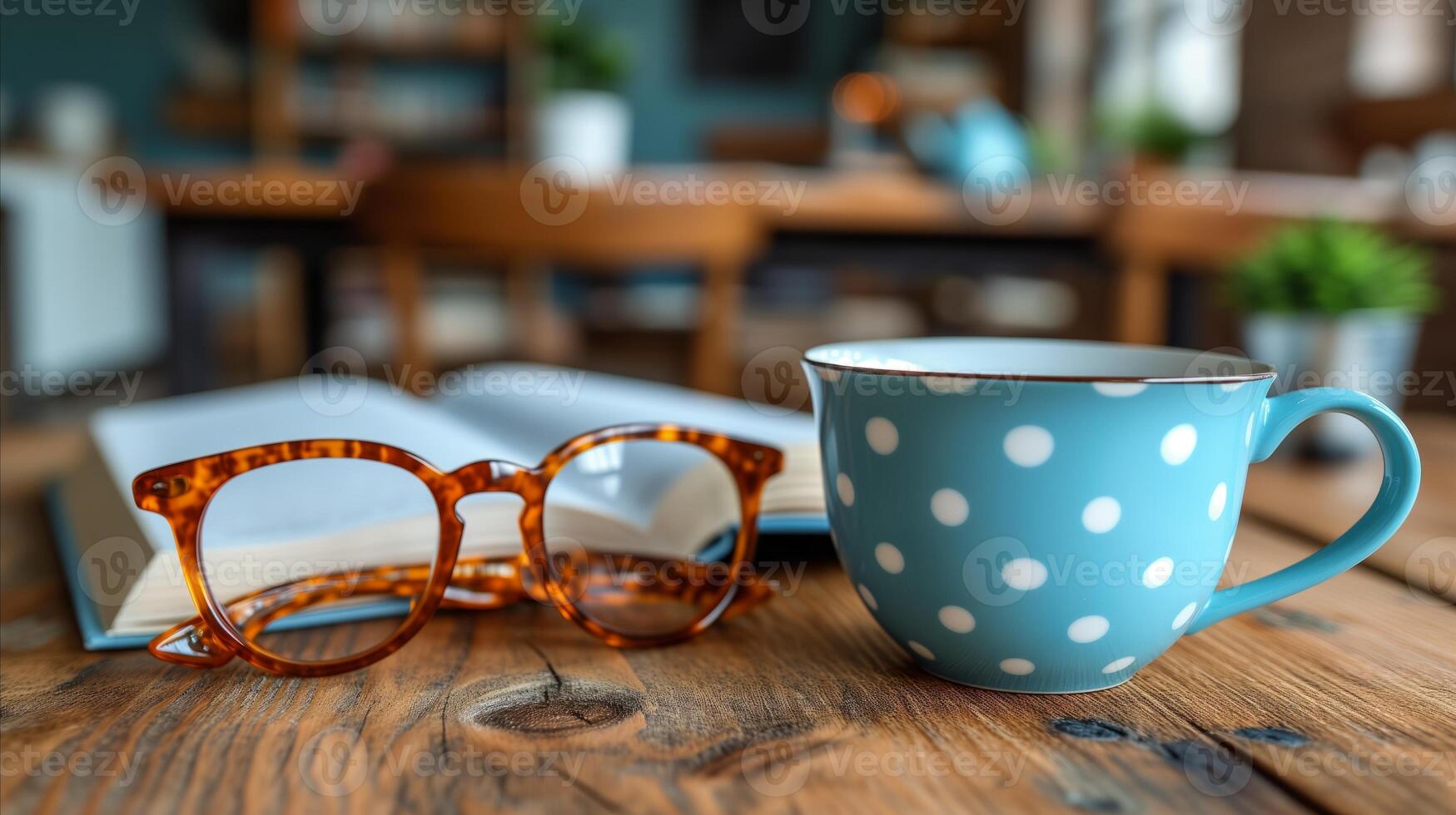 AI generated Cozy reading setup with book, eyeglasses, and polka dot mug on wooden table photo
