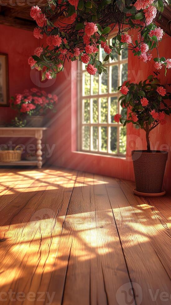 AI generated Warm sunlit room with hanging roses and rustic wooden floor photo