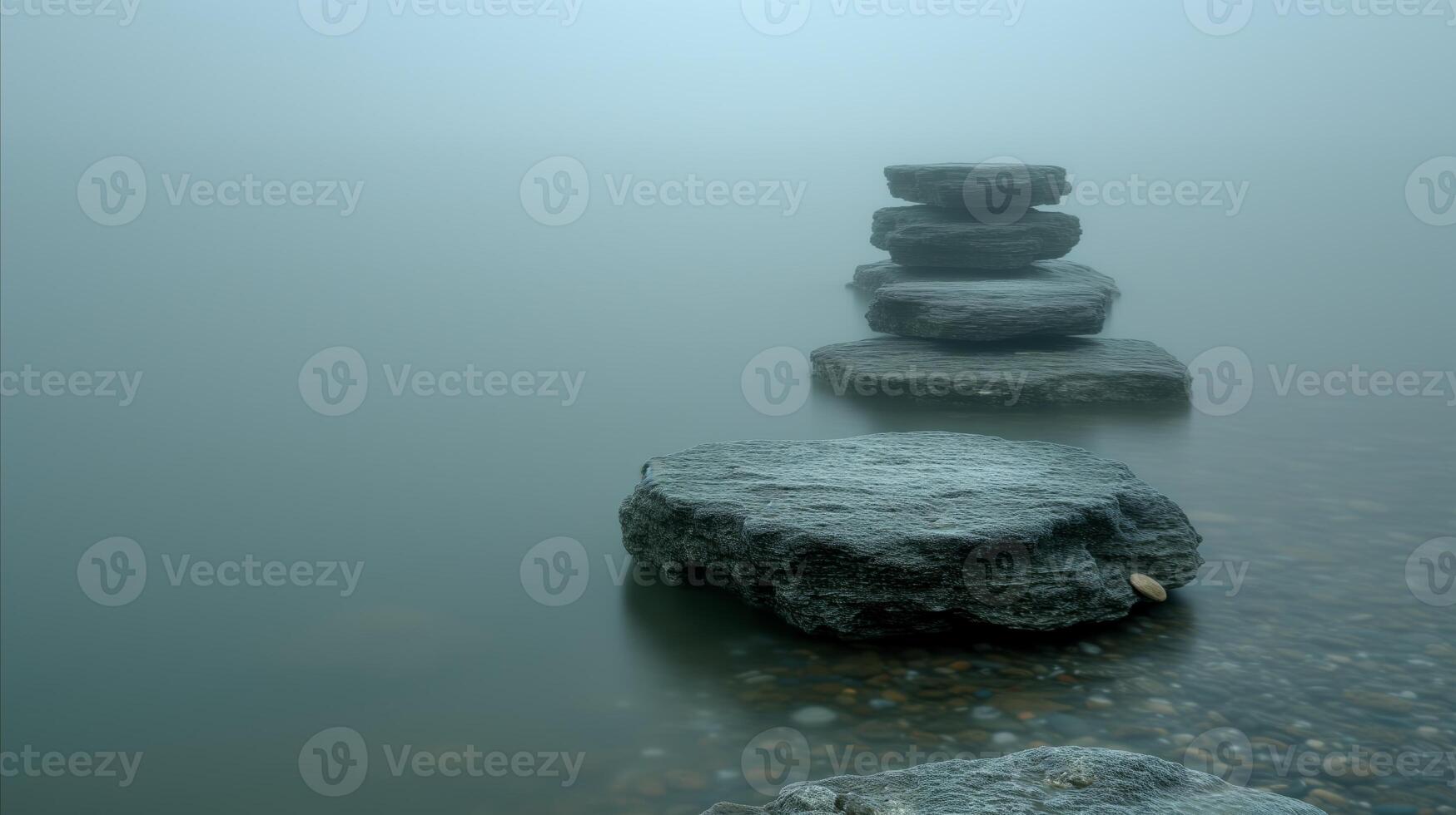 AI generated Stacked stones in misty waterscape for zen and balance concepts photo