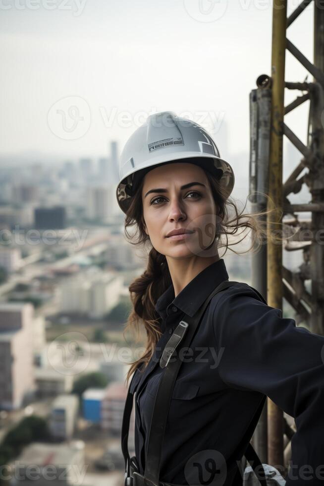 AI generated Woman in Hard Hat on Building photo