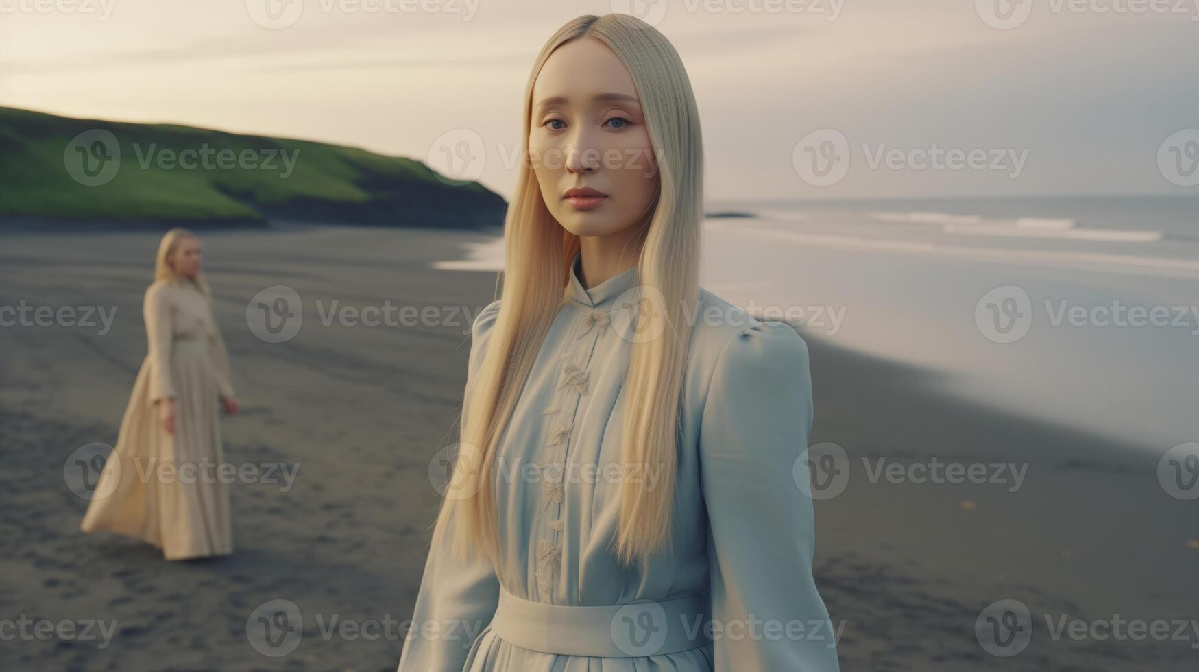 AI generated Woman Standing on Top of Beach by the Ocean photo