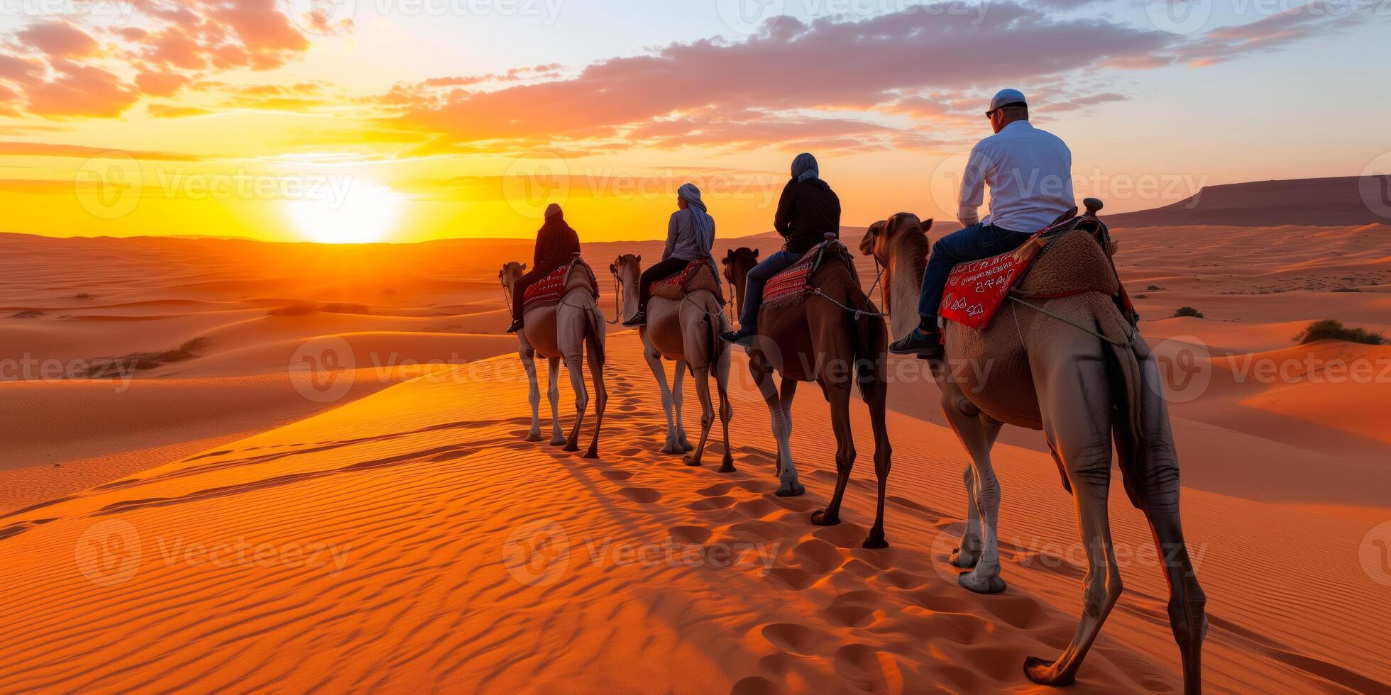 AI generated Group of People Riding Camels Across Desert photo