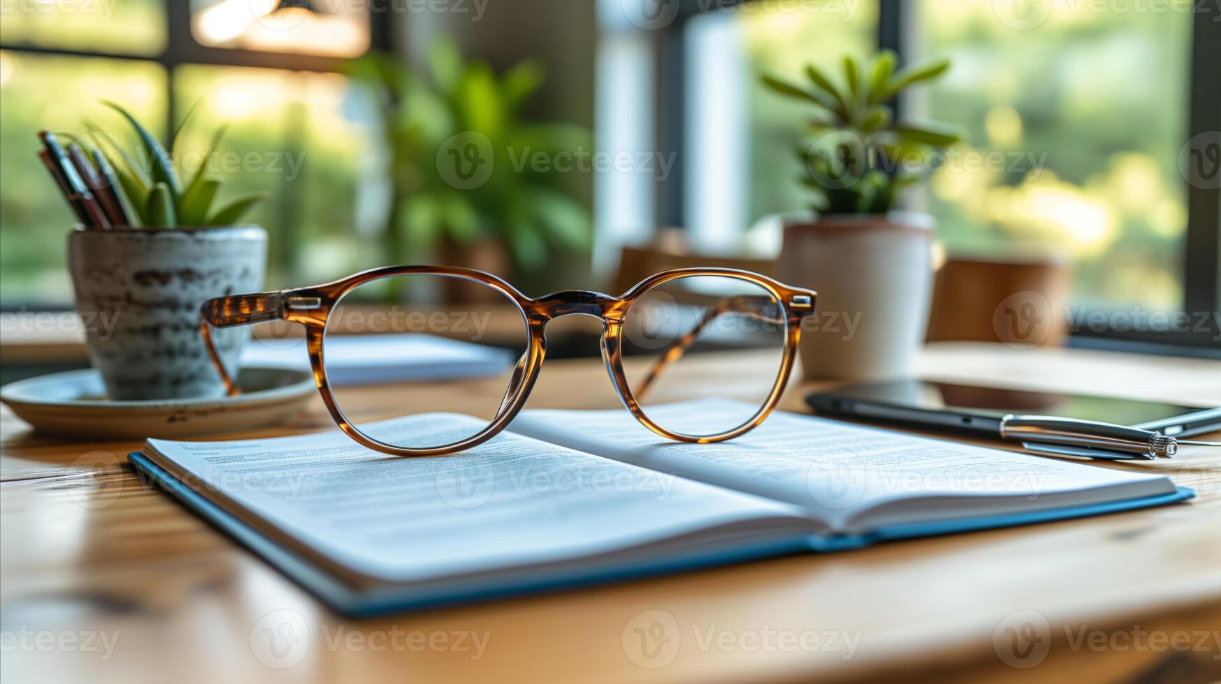 AI generated Open book with glasses on study table in cozy home interior photo