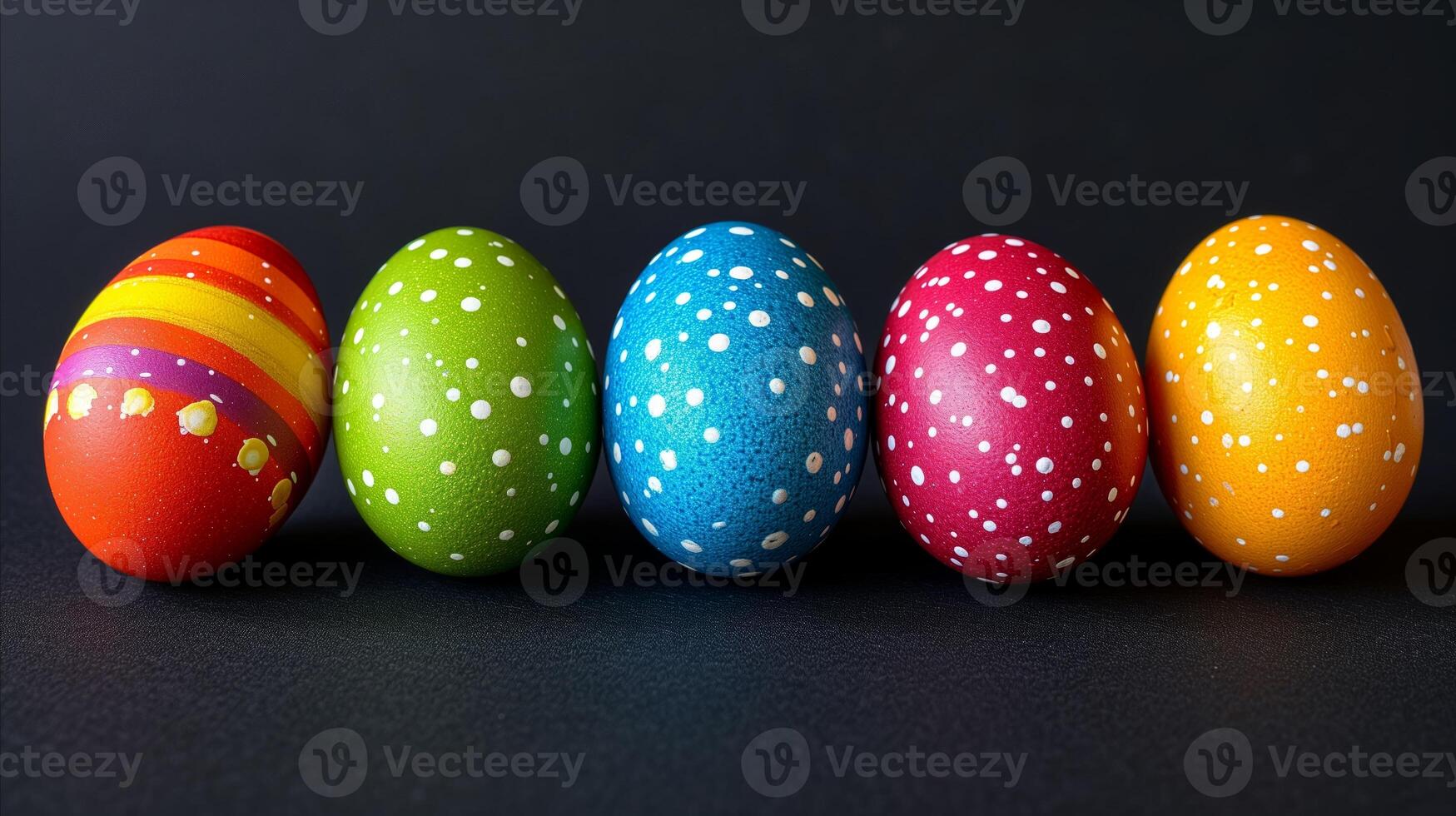 AI generated Rows of colorful Easter eggs lined up. photo