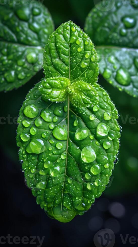 AI generated Close-up of Water Droplets on a Green Leaf photo