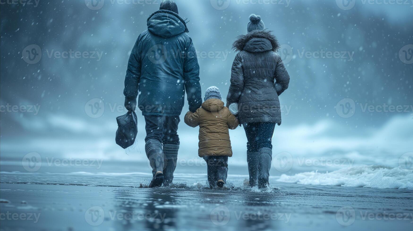 AI generated Three People Walking in the Rain With a Child photo