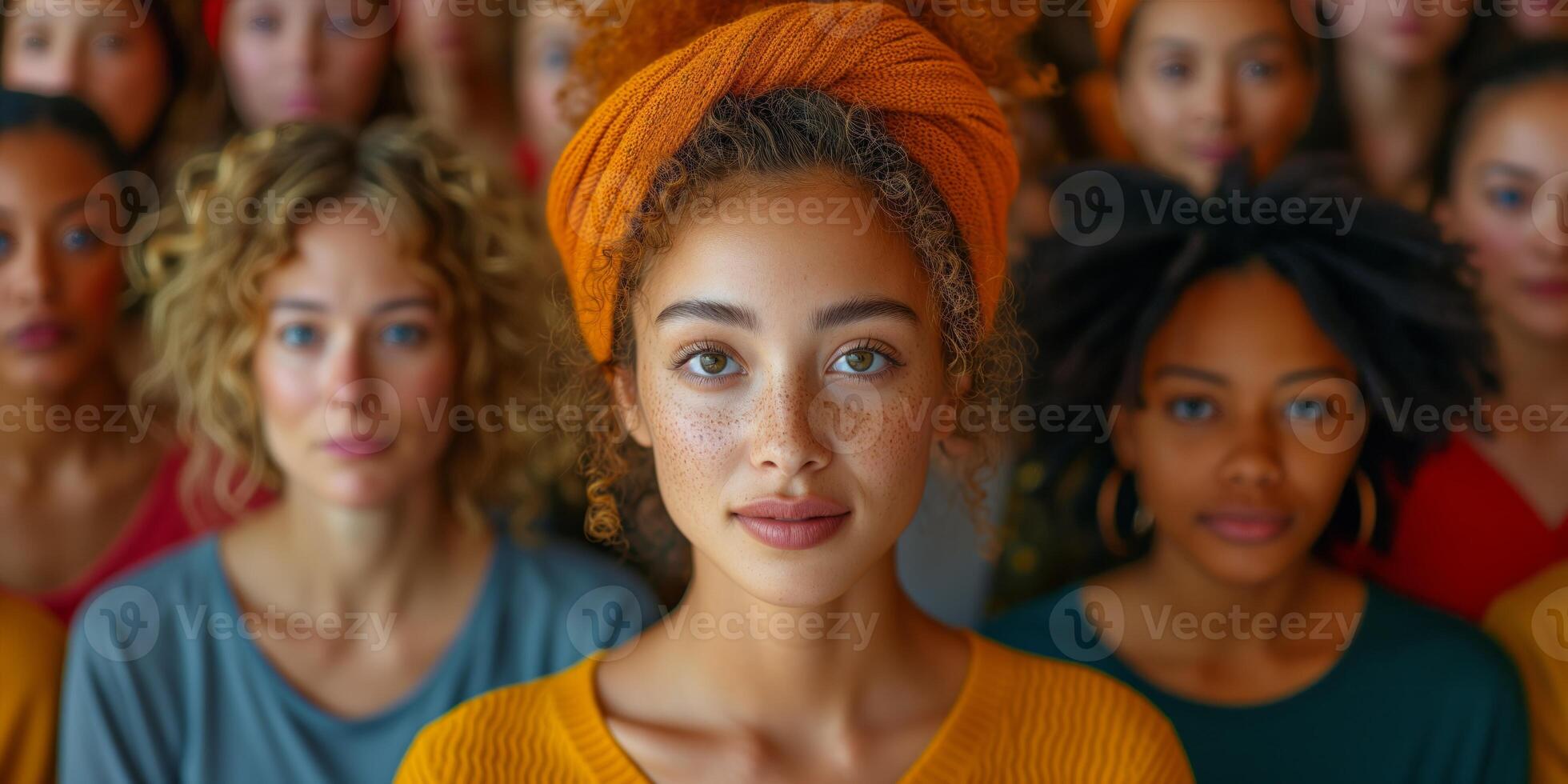 ai generado diverso grupo de mujer en pie juntos con atención en frente individual foto