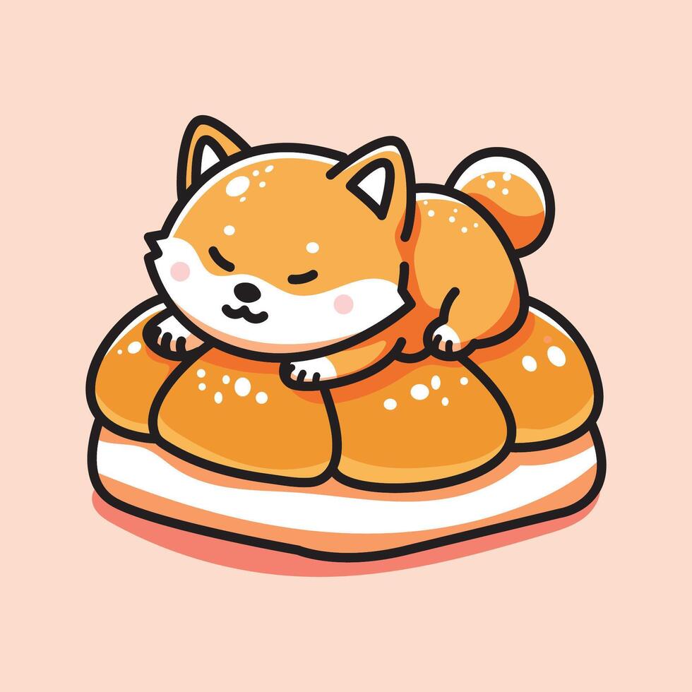 linda vector diseño ilustración shiba inu dormido en un pan