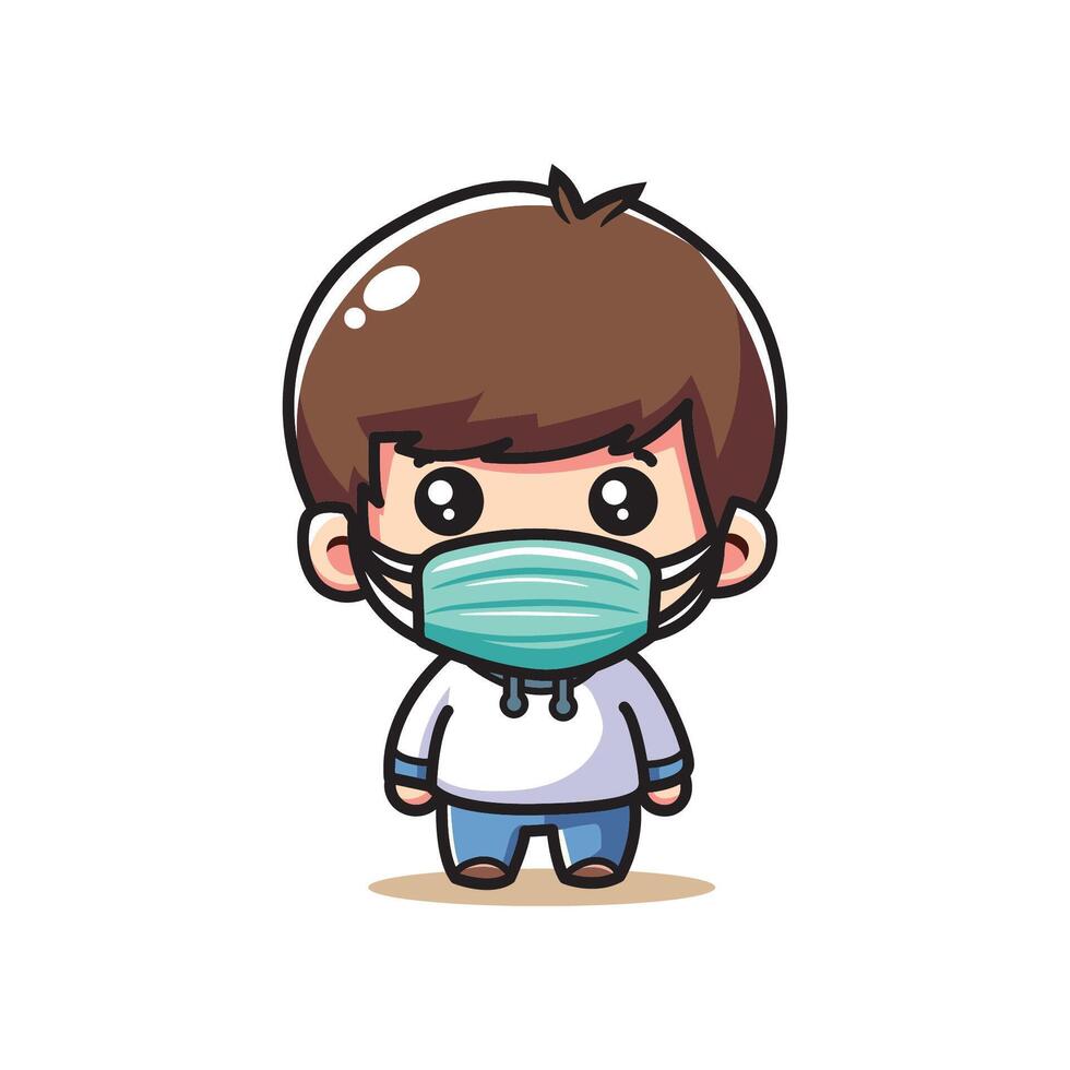 cute vector design illustration of a small child wearing a sick mask