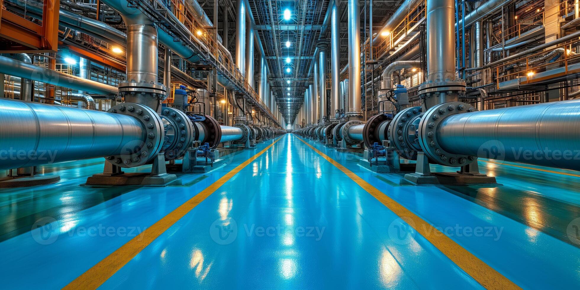 AI generated Modern industrial facility with pipes and illuminated equipment photo