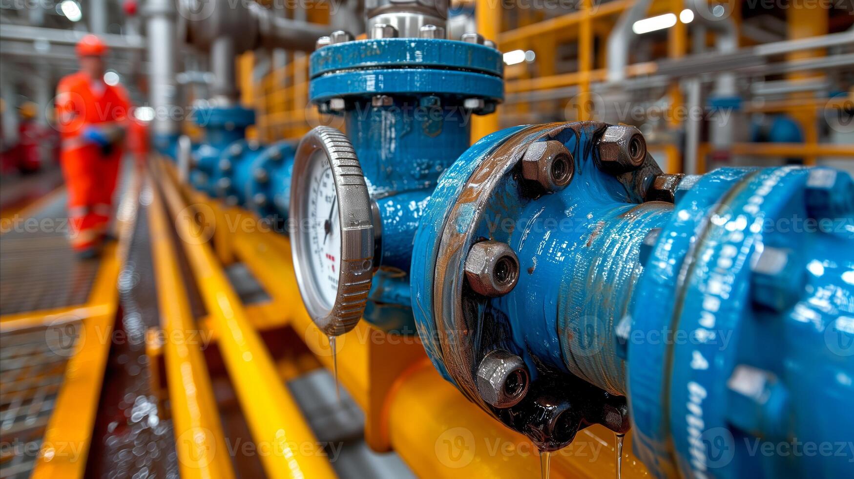 AI generated Man in Red Suit Standing Next to Blue Pipe photo