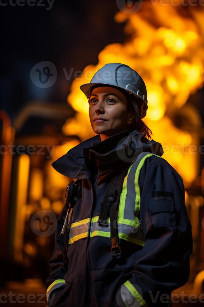 AI generated Woman in Hard Hat Standing in Front of Fire photo