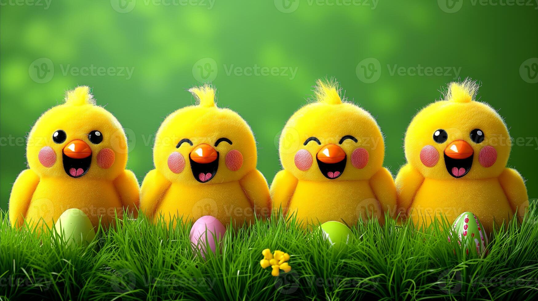 AI generated Rows of small chick figurines lined up on the grass with painted colorful Easter eggs in front of them. photo