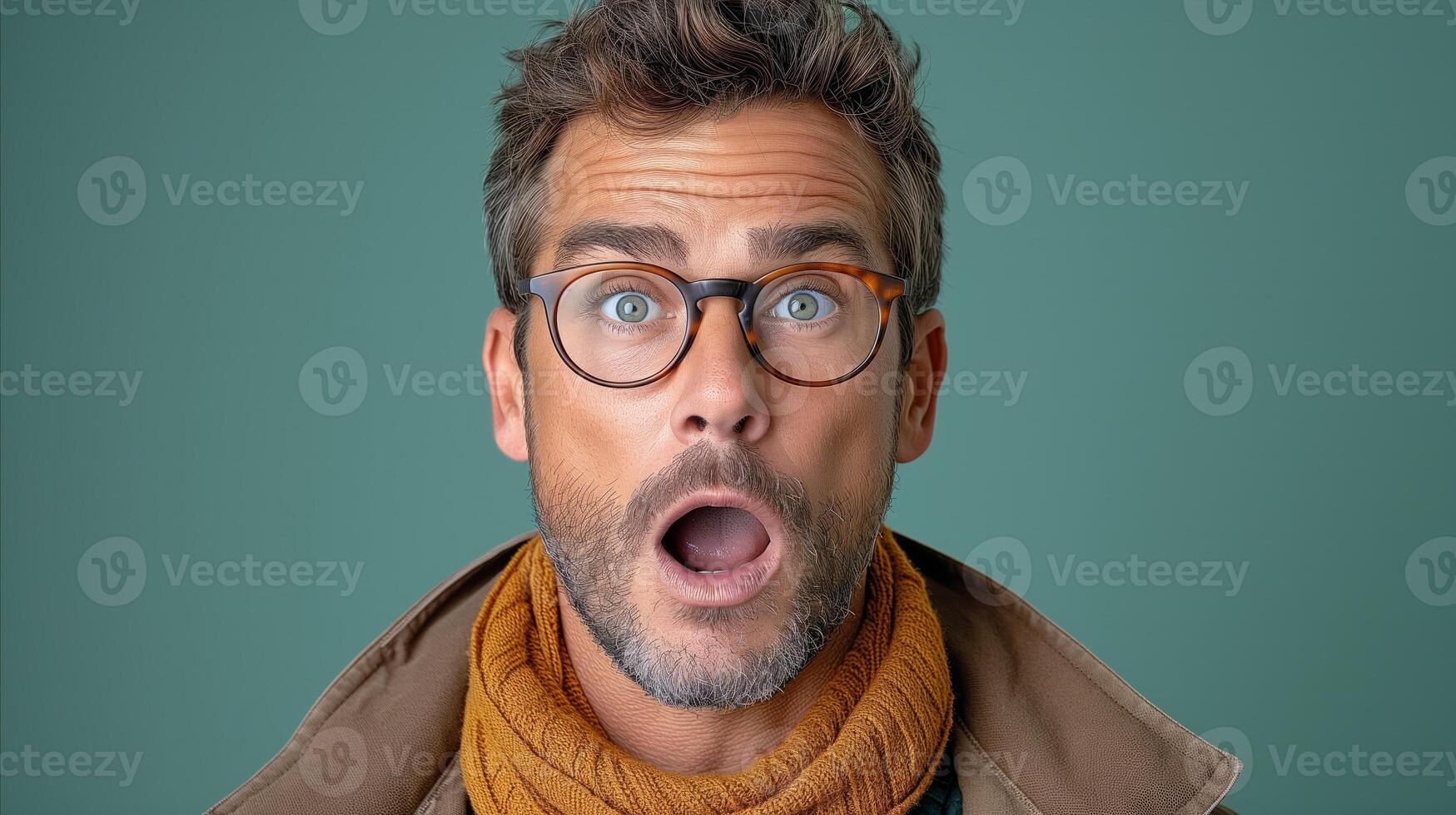 AI generated Surprised adult man with glasses expressing amazement on teal background photo