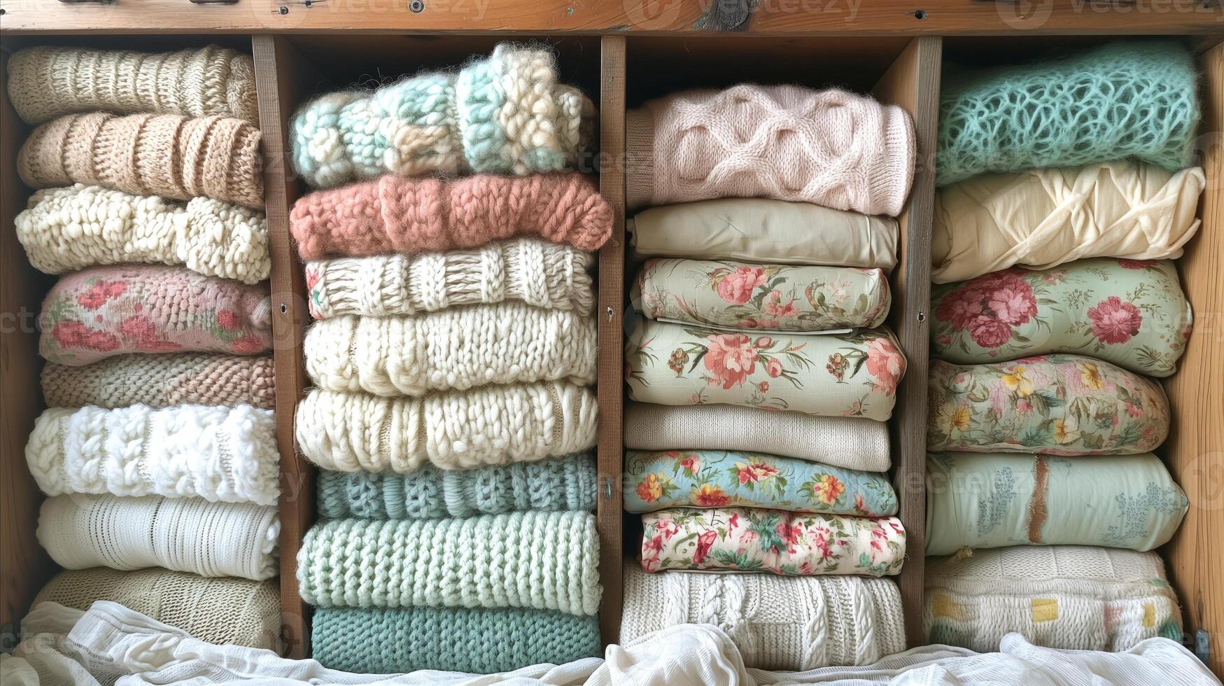 AI generated Drawer Filled With Various Blankets photo