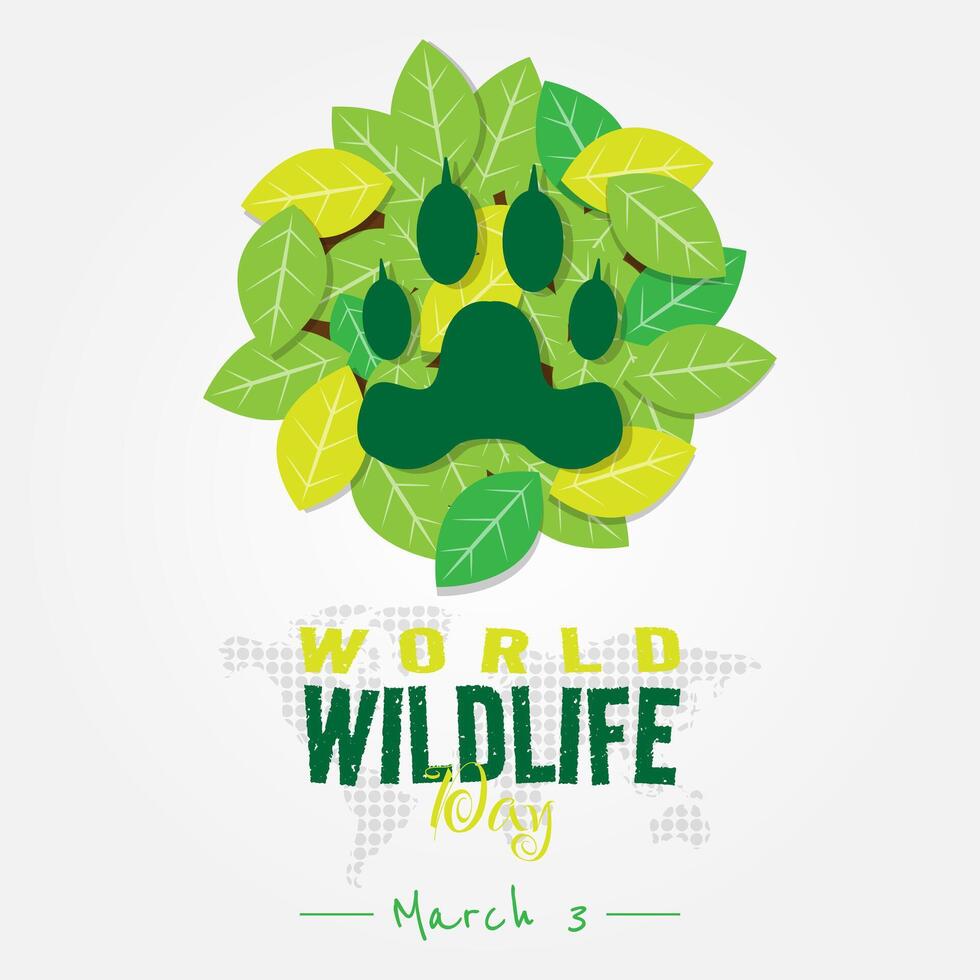World Wildlife Day poster with a wild animal footprint in a pile of leaves vector